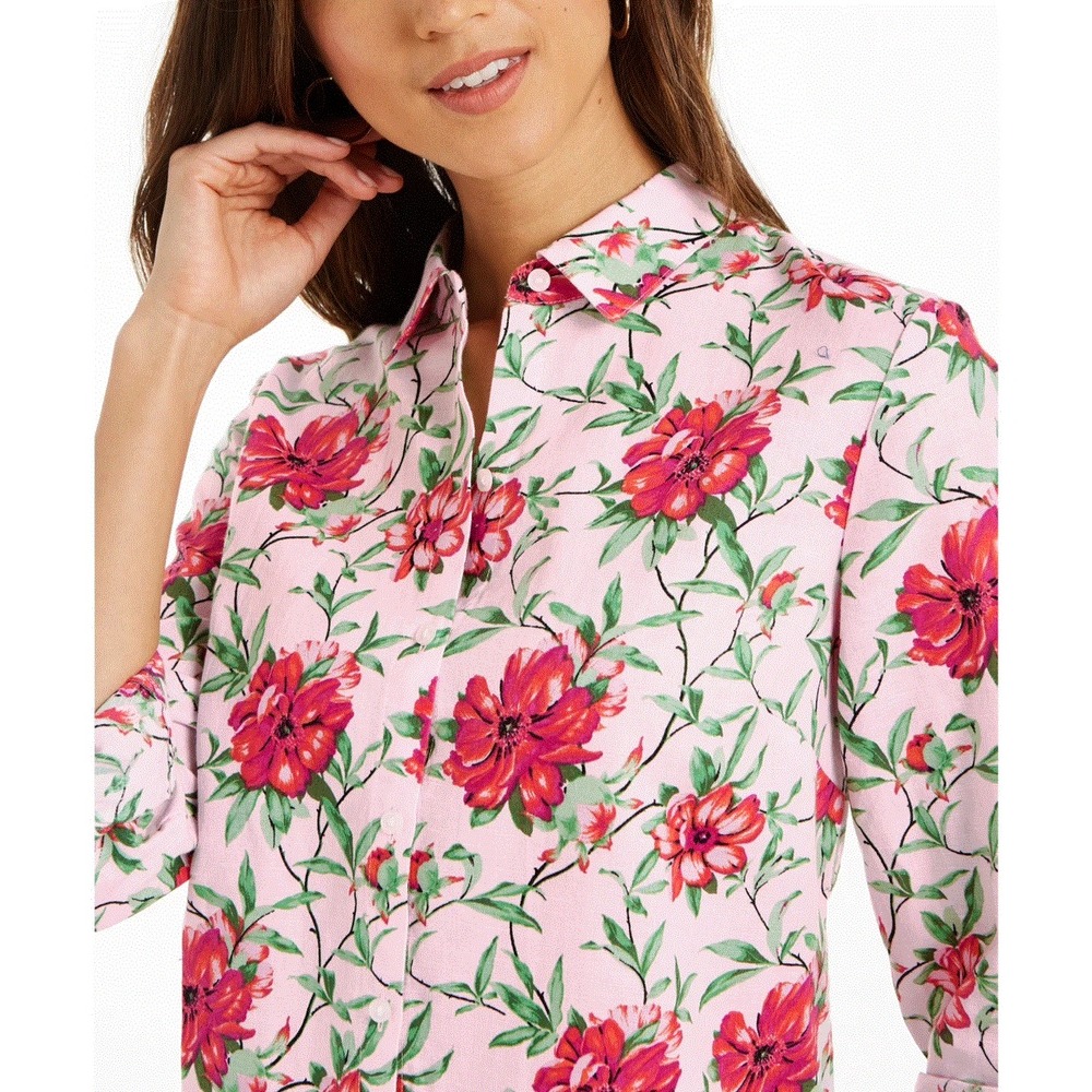 Charter Club Women Pink Floral Linen Blend Shirt XS 100095096MS Long Sleeve